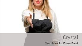  Presentation with trust - Cool new PPT layouts with shop owner woman wearing apron holds hands welcoming in handshake pose expressing trust and success concept greeting backdrop and a light gray colored foreground