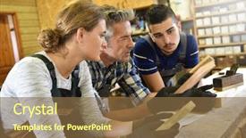  Presentation with group of students raising hands - Slides featuring shop teacher - group of students in woodwork background and a  colored foreground
