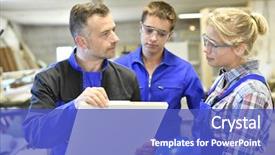  Presentation with group training - Beautiful slide deck featuring shop teacher - group of students in woodwork backdrop and a  colored foreground