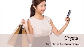  Presentation with take - Colorful presentation theme enhanced with shop teacher - woman with shopping bag backdrop and a  colored foreground