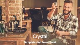  Presentation with happy barber client - PPT theme having shop will glass of whiskey background and a coral colored foreground