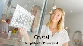  Presentation with closed - PPT theme featuring shop worker turning the open background and a soft green colored foreground