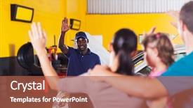  Presentation with repair shop - Theme enhanced with shop worker waving good bye background and a red colored foreground