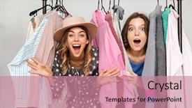  Presentation with clothes shop - Cool new presentation design with shopaholics indoors in shop showroom backdrop and a coral colored foreground