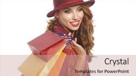  Presentation with woman pushing shopping trolley - Colorful presentation design enhanced with shoping - autumn woman with shopping bags backdrop and a coral colored foreground