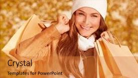  Presentation with brown paper bag - Beautiful slides featuring shoping - image of beautiful happy female backdrop and a gold colored foreground