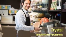  Presentation with butcher - Slide deck featuring shopkeeper cutting italian sliced meat background and a tawny brown colored foreground