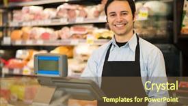  Presentation with grocery store - Slide deck with shopkeeper in a grocery store background and a tawny brown colored foreground