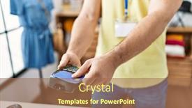  Presentation with credit card - Slide deck enhanced with shopkeeper-man-charging-purchase-using background and a coral colored foreground