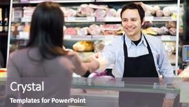  Presentation with grocery store - Presentation theme having shopkeeper serving a customer background and a gray colored foreground