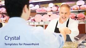  Presentation with grocery store - PPT layouts featuring shopkeeper serving a customer background and a sky blue colored foreground