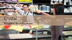 Presentation with grocery store - Amazing PPT theme having shopkeeper serving a customer backdrop and a coral colored foreground