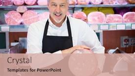  Presentation with grocery store - Audience pleasing PPT layouts consisting of shopkeeper-showing-a-bologna backdrop and a coral colored foreground