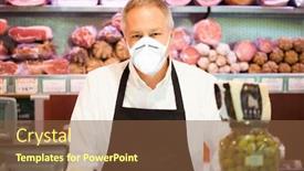  Presentation with grocery store - Slide set with shopkeeper-smiling-in-a-grocery background and a tawny brown colored foreground