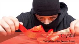  Presentation with christmas hamper gift traditional - Presentation theme consisting of shoplifting - bandit holding a wrapped christmas background and a red colored foreground