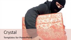  Presentation with christmas gift wrap - Slide deck having shoplifting - bandit holding a wrapped christmas background and a coral colored foreground