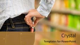  Presentation with supermarket - Presentation theme featuring shoplifting - theft of a young woman background and a gold colored foreground