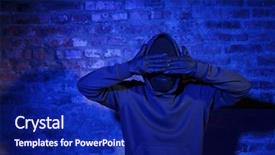  Presentation with blue eyes technology close up - PPT layouts enhanced with shoplifting - thief closes eyes leather glove background and a navy blue colored foreground