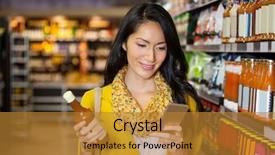  Presentation with mobile phone in woman hand - Slides with shopper - woman using mobile phone while background and a gold colored foreground