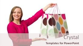  Presentation with bags plastic - PPT layouts enhanced with shopper girl in pink dress holding plastic bags isolated on whit background and a lemonade colored foreground