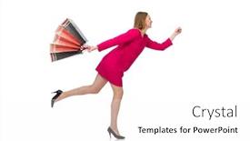  Presentation with plastic bags - Cool new PPT layouts with shopper girl in pink dress holding plastic bags isolated on whit backdrop and a white colored foreground