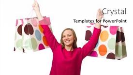  Presentation with plastic bags - Beautiful PPT theme featuring shopper girl in pink dress holding plastic bags isolated on whit backdrop and a white colored foreground