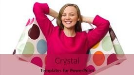  Presentation with plastic bags - Colorful theme enhanced with shopper girl in pink dress holding plastic bags isolated on white backdrop and a crimson colored foreground