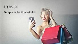  Presentation with selfie - Audience pleasing presentation theme consisting of shopping-addicted-doing-a-selfie backdrop and a light gray colored foreground