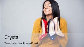  Presentation with woman praying over bible - PPT theme having shopping addiction - happy woman holding shoes background and a light gray colored foreground