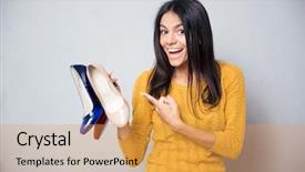  Presentation with biometric device finger print - Presentation design having shopping addiction - happy young woman pointing finger background and a  colored foreground