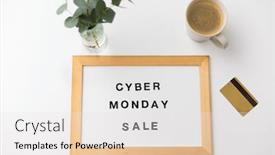  Presentation with magnetic - Beautiful slide deck featuring shopping and marketing concept - white magnetic board with cyber monday sale words credit card and cup of coffee on table backdrop and a white colored foreground