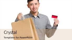  Presentation with man heart attact hand hold - Colorful PPT layouts enhanced with shopping bag and credit card backdrop and a  colored foreground