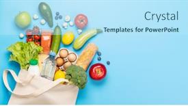  Presentation with blue food - PPT theme having shopping-bag-full-of-healthy background and a sky blue colored foreground