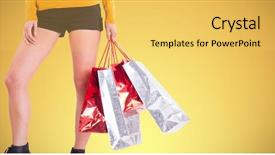  Presentation with woman pushing shopping trolley - PPT layouts with shopping bags against abstract yellow background and a yellow colored foreground