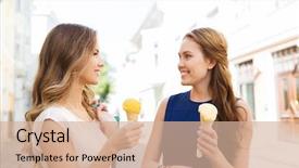  Presentation with consumerism - Colorful slides enhanced with sale consumerism summer and people concept - happy young women with shopping bags and ice cream talking on city street backdrop and a coral colored foreground