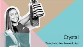  Presentation with happy smiling woman dental health - Cool new PPT theme with shopping bags collage in magazine backdrop and a light blue colored foreground