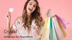  Presentation with credit card - Colorful PPT layouts enhanced with shopping bags isolated over pink backdrop and a coral colored foreground