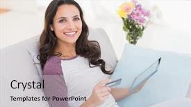  Presentation with living room - Cool new presentation with shopping card - pretty brunette using her tablet backdrop and a light gray colored foreground