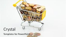  Presentation with purchasing - Slide deck enhanced with shopping cart is well stocked with euro coins symbolic photo for purchasing power and consumption background and a white colored foreground