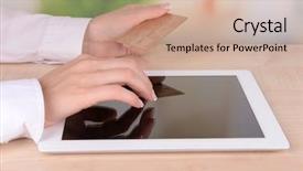  Presentation with credit card - Slide set having shopping cart mobile - female hands holding credit card background and a coral colored foreground