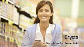  Presentation with route optimization supermarket - Presentation theme featuring shopping cart mobile - woman using cellphone in supermarket background and a soft green colored foreground