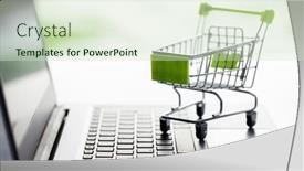  Presentation with online shopping store - Beautiful theme featuring shopping-cart-on-laptop-computer backdrop and a soft green colored foreground