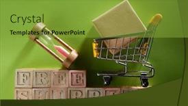  Presentation with blocks - PPT theme having shopping-cart-on-the-wood background and a gold colored foreground