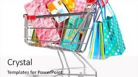  Presentation with bright white - Slide deck featuring shopping cart with bright gifts and paper bags isolated on white background and a white colored foreground