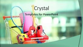  Presentation with shopping - Beautiful presentation design featuring shopping cart with sport equipment backdrop and a soft green colored foreground