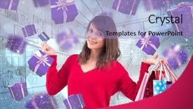  Presentation with credit card - Beautiful slides featuring shopping center graphic - brunette holding gift and credit backdrop and a light blue colored foreground