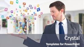  Presentation with spread - Presentation design featuring shopping center graphic - business man with hand spread background and a  colored foreground