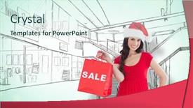  Presentation with festive - PPT theme consisting of shopping center graphic - festive brunette holding sale bag background and a sky blue colored foreground