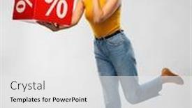  Presentation with mustard yellow - Cool new PPT theme with shopping consumerism and people concept - happy smiling young woman in mustard yellow top and jeans with sale sign making hush gesture over grey background backdrop and a white colored foreground