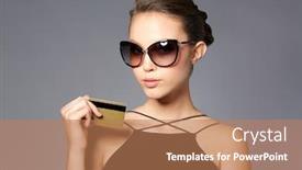  Presentation with black luxury fashion - PPT layouts with shopping finances fashion people and luxury concept - beautiful young woman in elegant black sunglasses with credit card over gray background background and a coral colored foreground